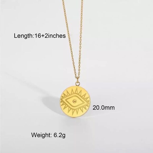 NWOT Gold Evil Eye Gold Plated , Round Pendant Adjustable Necklace - Picture 6 of 6